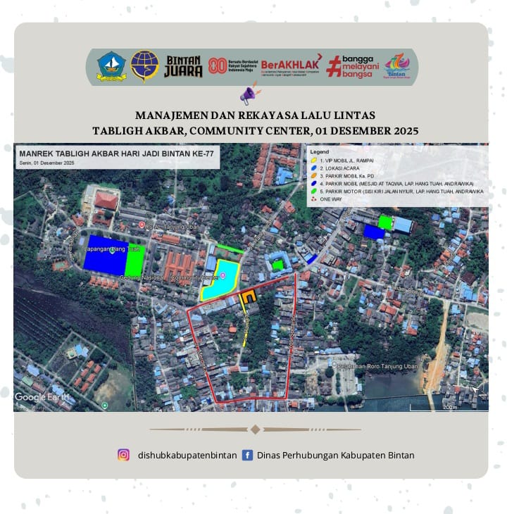 INFO PENTING, Rekayasa Lalu Lintas dan Kantong Parkir Puncak Peringatan Hari Jadi Ke-77 Kabupaten Bintan